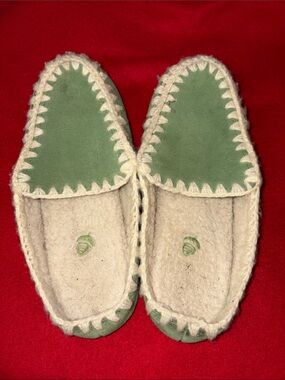 Acorn Green Suede-Top Wool Moccasin Slippers